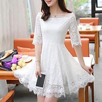 Women\'s Lace Formal Party Vintage Chinoiserie A Line Dress, Solid Lace Crew Neck Midi Long Sleeve Cotton Polyester Red PurpleAll