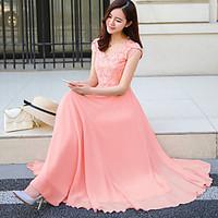 Women\'s Formal Party Vintage Chinoiserie A Line Dress, Solid Lace Crew Neck Midi Long Sleeve Cotton Polyester Red PurpleAll