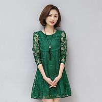 Women\'s Lace spring large size fat mm hollow lace chiffon round neck long-sleeved dress was thin female