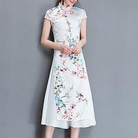 womens going out vintage sheath dress print stand midi short sleeve si ...