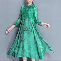 Women\'s Plus Size Going out Sophisticated Loose Dress, Solid Print Stand Midi ¾ Sleeve Silk Linen Polyester Spring Mid Rise Micro-elastic