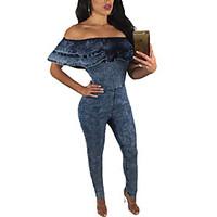 Women\'s Off The ShoulderRuffle Blue Ruffle Off Shoulder Denim Jumpsuit