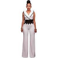 Women\'s Wide Leg Contrast Lace Waist Insert Wide Leg Jumpsuit