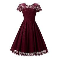 Women\'s Lace Casual/Daily/Party Vintage/Street chic Sheath Dress, Jacquard Round Neck Above Knee ¾ Sleeve Red Rayon/PolyesterAll