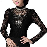 Women\'s Lace Lace Black Blouse, Stand Long Sleeve