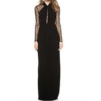 Women\'s Lace Black Long Draped Maxi Dress with Mesh Sleeves