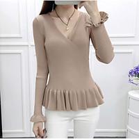 Women\'s Ruffle Casual/Daily Simple Regular PulloverSolid V Neck Long Sleeve Polyester Fall / Winter Medium