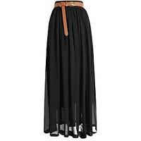 womens vintage chiffon pleated maxi skirt solid black red pink blue