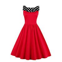 Women\'s Casual/Daily Vintage Sheath Dress, Polka Dot Round Neck Knee-length Sleeveless Blue Red Black Cotton Polyester Summer High Rise