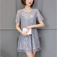Women\'s Lace Plus Size Slim chic Loose Lace Cut Out Dress Solid Round Neck Mini Short Sleeve Summer Mid Rise Micro-elastic Thin