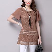 womens plus size slim cut out summer blouse solid jacquard round neck  ...