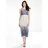 Women\'s Beach Boho Sheath Dress, Floral Round Neck Maxi Sleeveless Blue Polyester Summer