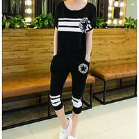 Women\'s Sports Street chic Summer T-shirt Pant Suits, Solid Striped Round Neck Short Sleeve