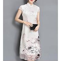 Women\'s Casual/Daily Sheath Dress, Floral Print Turtleneck Maxi Short Sleeve Silk Summer Mid Rise Micro-elastic Thin