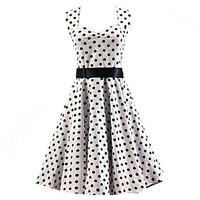 Women\'s White Black Polka Dot Dress , Vintage Halter 50s Rockabilly Swing Dress