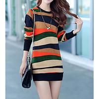 Women\'s Casual/Daily Simple Bodycon Dress, Striped Round Neck Mini Long Sleeve Cotton Summer Mid Rise Micro-elastic Medium