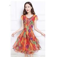 Women\'s Going out Simple Skater Dress, Rainbow Round Neck Knee-length Short Sleeve Rayon Summer Mid Rise Inelastic Thin