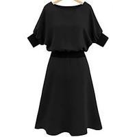 Women\'s Plus Size Going out Simple Sheath Dress, Solid Round Neck Midi Short Sleeve Polyester Summer Mid Rise Inelastic Medium