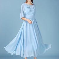 Women\'s Going out Simple Chiffon Dress, Solid Round Neck Maxi ½ Length Sleeve Acrylic Summer Mid Rise Inelastic Medium