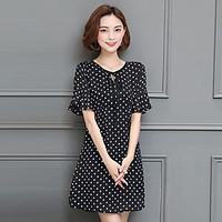 Women\'s Going out Simple A Line Dress, Polka Dot Round Neck Above Knee Short Sleeve Polyester Spring Summer Mid Rise Inelastic Medium