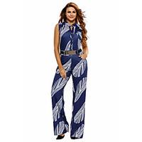 Women\'s Navy White Print Button Front Belted Jumpsuit