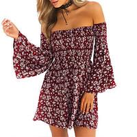 Women\'s Casual/Daily Work Simple Sheath Lace Dress, Solid Print Off Shoulder Mini Long Sleeve Polyester All Seasons Low Rise Micro-elastic