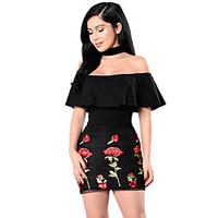Women\'s Going out Party Bodycon Dress, Floral Boat Neck Above Knee Short Sleeve Polyester Spandex Summer High Rise Stretchy Medium