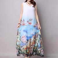 Women\'s Going out Casual/Daily Simple Loose Dress, Floral Round Neck Maxi Sleeveless Rayon Summer Mid Rise Inelastic Medium