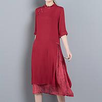 Women\'s Going out Vintage Loose Dress, Solid Round Neck Midi ½ Length Sleeve Cotton Summer Mid Rise Inelastic Medium
