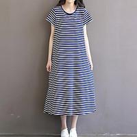 Women\'s Plus Size Casual/Daily Simple Sheath Dress, Striped Round Neck Knee-length Short Sleeve Cotton Summer Mid Rise Inelastic Medium