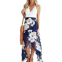 Women\'s Beach Party Sexy Sophisticated Chiffon Swing Dress, Floral Patchwork V Neck Maxi Asymmetrical Sleeveless Polyester Spring Summer