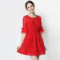 Women\'s Going out Casual/Daily Sexy Lace Dress, Solid Round Neck Above Knee ½ Length Sleeve Polyester Spring Mid Rise Micro-elastic Medium