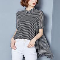 Women\'s Casual/Daily Street chic Summer Fashion Blouse Striped Shirt Collar Asymmetric Short Sleeve Polyester Thin