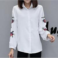 Women\'s Casual/Daily Simple Cute All Seasons Shirt, Solid Striped Embroidered Shirt Collar Long Sleeve Polyester Medium