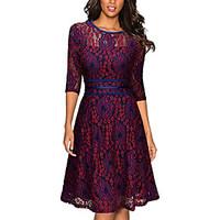 Women\'s Casual/Daily Skater Dress, Embroidered Round Neck Knee-length ¾ Sleeve Polyester Summer Mid Rise Micro-elastic Medium