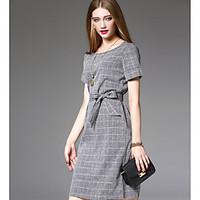 Women\'s Going out Casual/Daily Sheath Dress, Check Round Neck Midi Short Sleeve Linen Summer Mid Rise Inelastic Medium