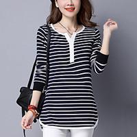 Women\'s Fine Stripe Plus Size /Casual/Daily Street chic Spring Fall Slim Thin T-shirt Striped V Neck Long Sleeve Blue /Black Cotton Medium