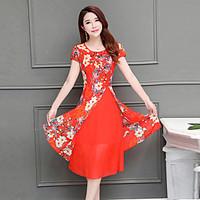 Women\'s Plus Size Casual/Daily Vintage A Line Dress, Floral Round Neck Midi Short Sleeve Polyester Summer Mid Rise Inelastic Medium