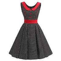 Women\'s Rockabilly Vintage Dress Black White Mini Polka Dot Round Neck Knee-length Sleeveless Cotton All Seasons Mid Rise
