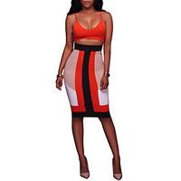 Women\'s Deep V Party Club Color Block Sexy Bodycon Knee-length High Rise Backless Strape Dress