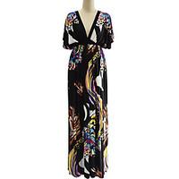Women\'s Plus Size Boho Swing Dress, Print Deep V Maxi Short Sleeve Spandex Summer High Rise Micro-elastic Medium