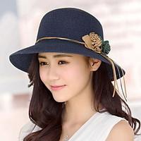 Women \'s Summer Beach Travel Sun Flowers Double Leather Rope Fisherman Folded Dome Straw Hat