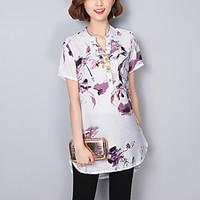 Women\'s Plus Size Casual/Daily Chinoiserie Summer Shirt, Print V Neck Short Sleeve Cotton Linen Thin