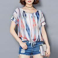 Women\'s Going out Street chic Summer Blouse, Striped Print Round Neck Short Sleeve Blue Red Green Polyester Medium