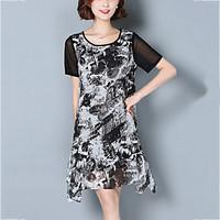 Women\'s Plus Size Slim Chiffon Dress Print Patchwork Split Round Neck Asymmetrical Short Sleeve Black Summer