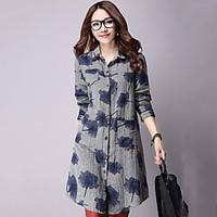 Women\'s Casual/Daily Sophisticated Spring Shirt, Floral Shirt Collar Long Sleeve Blue / Red Linen Medium