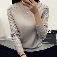 Women\'s Casual/Daily Work Simple Short Pullover, Solid White Black Brown Gray Round Neck Long Sleeve Cotton Spring Medium Micro-elastic