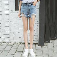 Women\'s Street chic /Casual High Waist Micro-elastic Jeans Shorts Pants Straight Ripped Tassel Solid