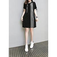 Women\'s Casual/Daily Simple Shift Dress, Striped V Neck Above Knee Short Sleeve Cotton Summer Mid Rise Micro-elastic Medium