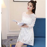 Women\'s Going out Lace Dress, Solid Floral Round Neck Above Knee ¾ Sleeve Cotton Spring Summer Mid Rise Micro-elastic Medium
